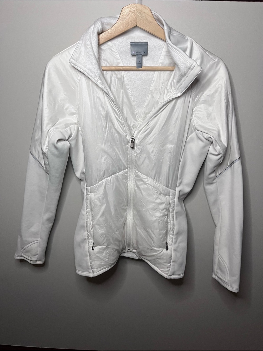 Athleta‎ White Hybrid Quilted Fleece Lined Full Zip Jacket Small Reflective Trim